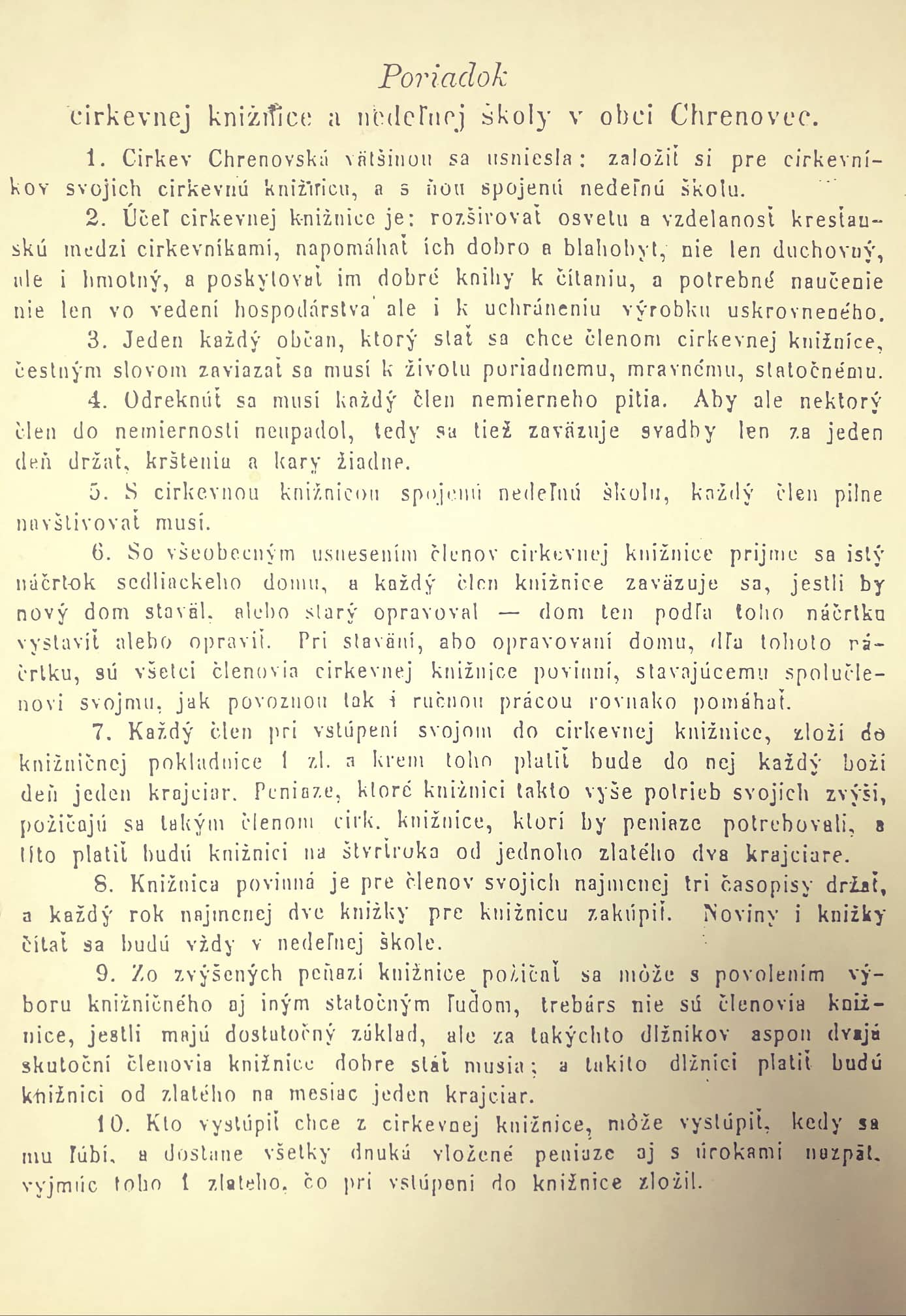 Poriadok Cirkevnej knižnice a nedeľnej školy v Chrenovci