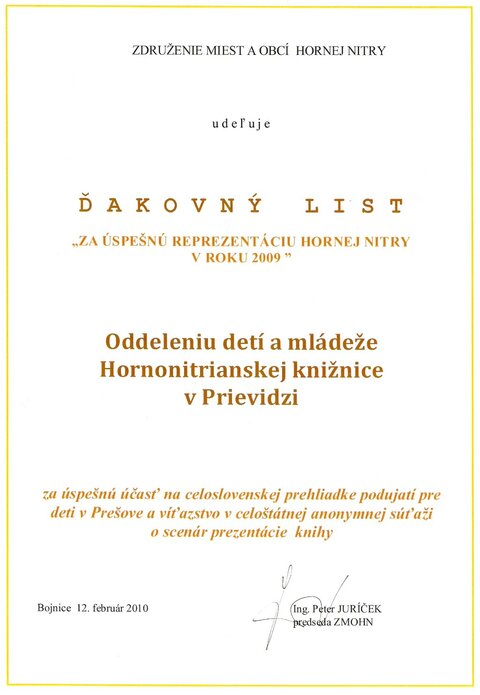 Ďakovný list ZMOHN