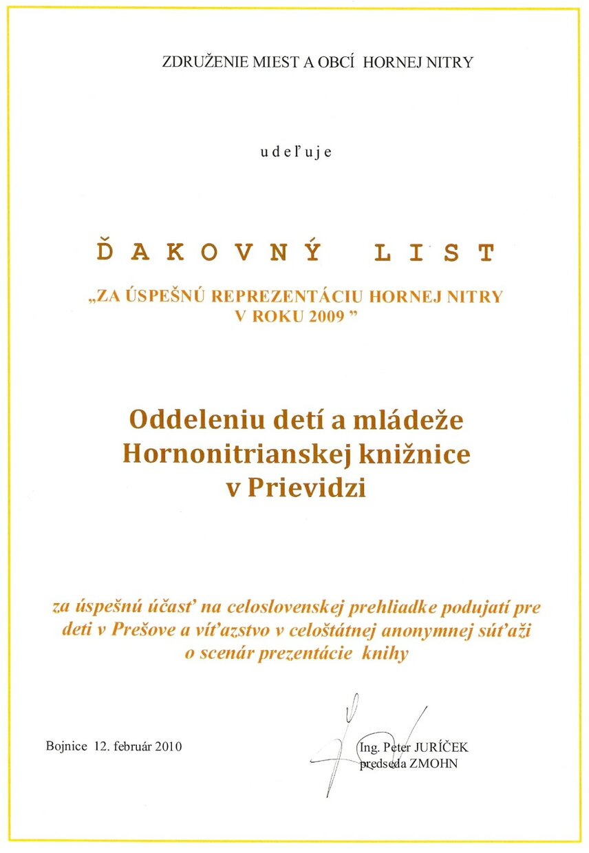 Ďakovný list ZMOHN